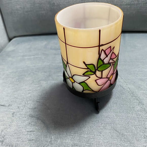 Avon Other - Vintage Avon Cylindrical Floral Stained Glass-Look Tea light holder metal base